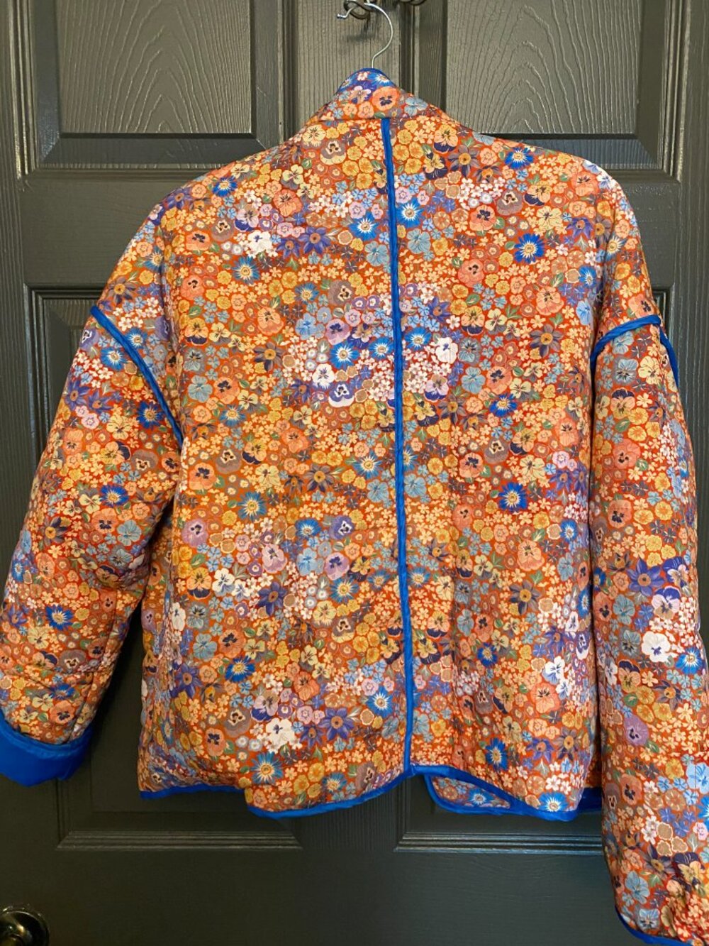Womens Floral Quilted Jacket Medium Orange Blue Lightweight Puffer Coat Boho Poc - Picture 5 of 9